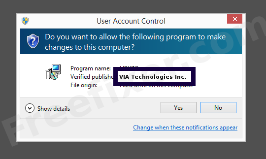 Screenshot where VIA Technologies Inc. appears as the verified publisher in the UAC dialog